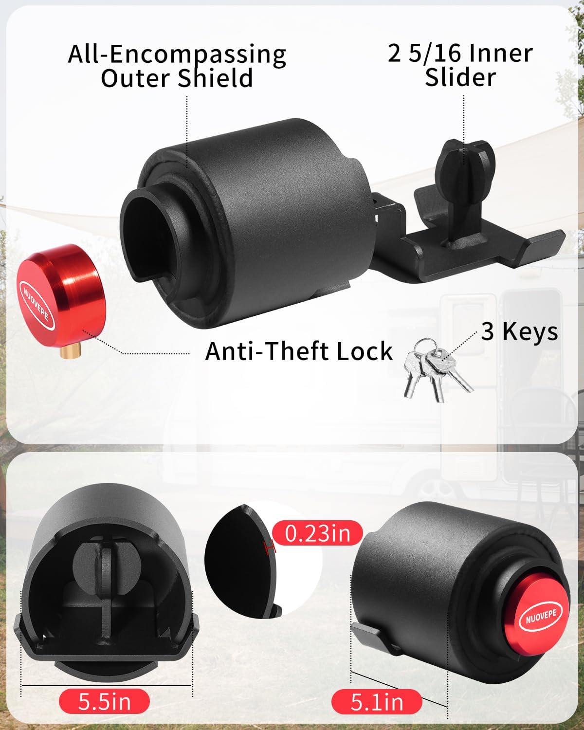 Trailer Lock Fits 2 5/16 Inch Couplers, Secures Safety Chains Anti-Theft Ball Hitch Lock, Pry-Resistant & Heavy-Duty Trailer Hitch Locks for RV | Cargo | Camper | Dump Trailer (Red)
